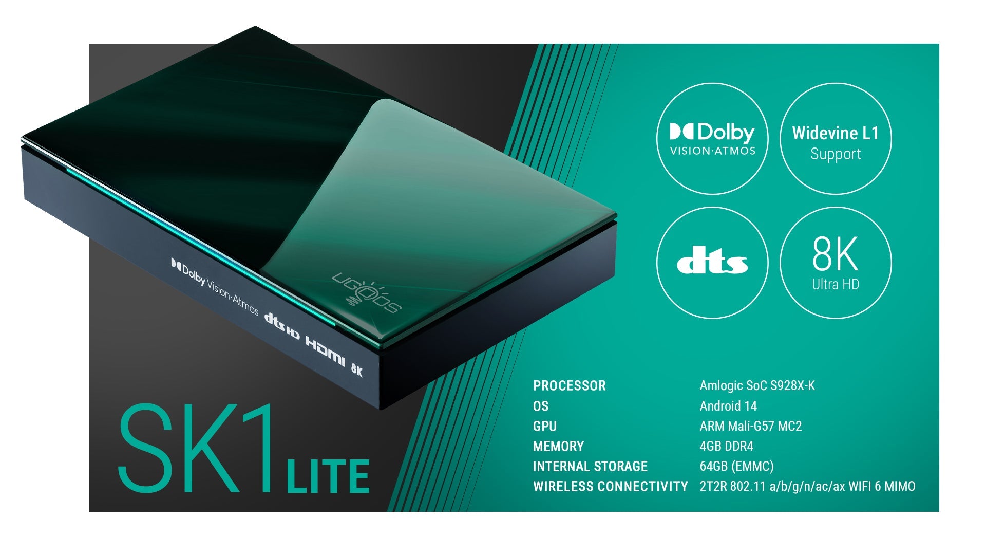 Ugoos SK1 LITE 8K ANDROID 11 TV Box Amlogic S928X-K LPDDR4 4GB RAM 64GB ROM WiFi6 1000M BT5.2 USB3.0 Support AV1 H.265 8K 60fps VP9 HDR Box