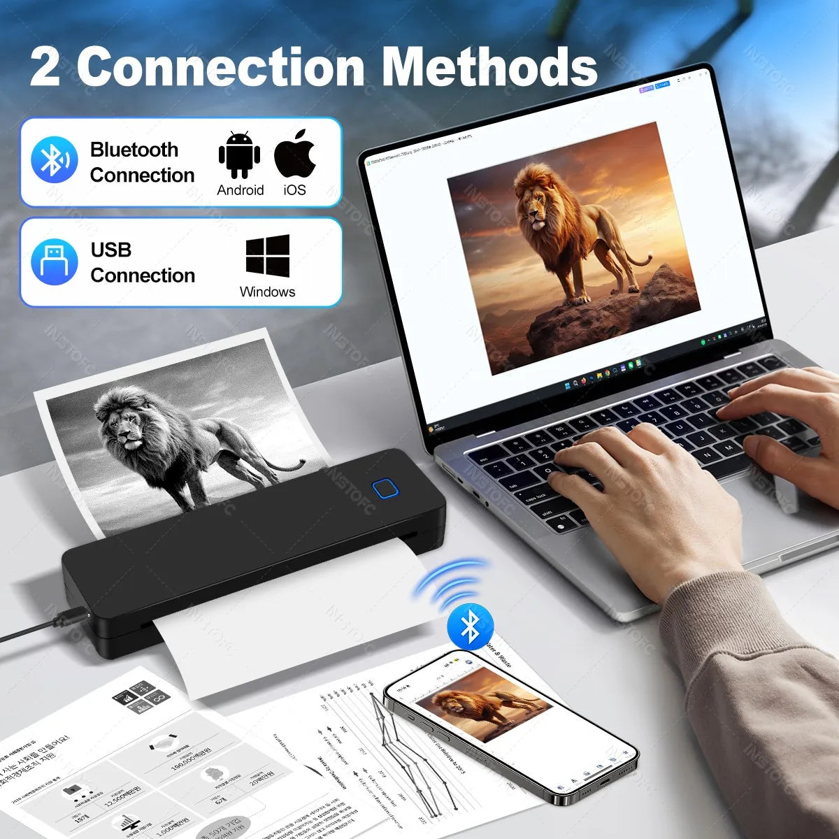 Portable A4 Mini Thermal Printer Inkless Wireless 1500mAh Bluetooth USB Type-C For Android iOS Office Work Home School Travel